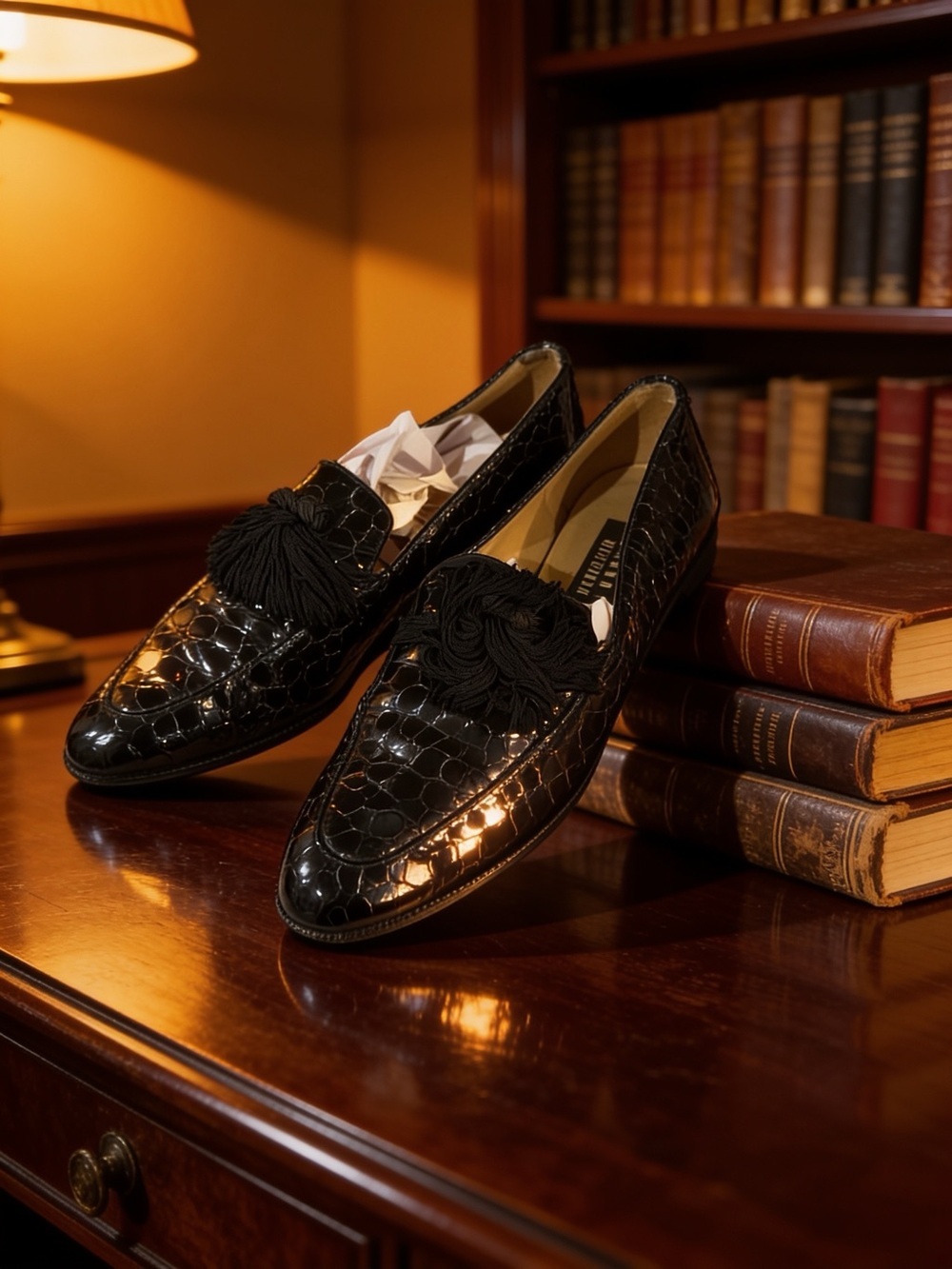 Stuart Weitzman Black Croc-Embossed Tassel Loafers